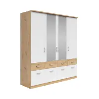 Armario de cuatro puertas Brando-4 181 cm con espejo y cajones roble artisan/blanco