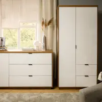 Cómoda Forn 156 cm con puertas y 3 cajones roble delano oscuro/blanco brillo