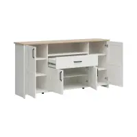 Cómoda Loksa 194 cm con 4 puertas, cajón y estante, pino andersen blanco/roble grandson