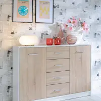 Cómoda Nepo Plus 119 cm con 2 puertas y 4 cajones blanco/roble sonoma