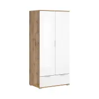 Armario de dos puertas Zele 90 cm con cajón roble wotan/blanco brillo