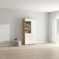 Vitrina Zele 90 cm con 4 puertas roble wotan/blanco brillo