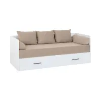 Cama extensible Tetrix blanco brillo 80-160x200 con contenedor colchón y cojines beige