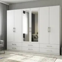 Armario de seis puertas Herford 270 cm con espejo y 6 cajones blanco