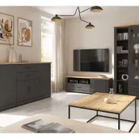 Vitrina Tolmin 100 cm con puertas y 2 cajones grafito/roble artisan