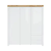 Armario de tres puertas Holten 180 cm con cajones blanco brillo/roble wotan