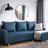 Sofá rinconera universal Malin convertible con arcón tejido trenzado azul