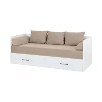Cama extensible Tetrix blanco brillo 80-160x200 con contenedor colchón y cojines beige