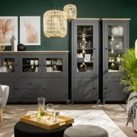 Aparador Hesen 186 cm vitrina con 5 puertas y 2 cajones grafito/roble artisan