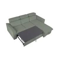 Sofá de esquina universal Evia con función de cama, arcón y reposacabezas ajustables verde