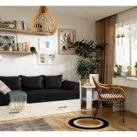 Cama extensible Tetrix blanco brillo 80-160x200 con arcón, colchón y cojines negros