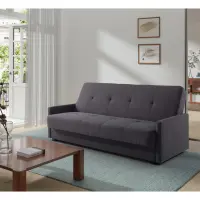 Sofá cama de tres plazas Maro con arcón, tejido trenzado gris oscuro