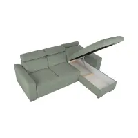 Sofá de esquina universal Evia con función de cama, arcón y reposacabezas ajustables verde