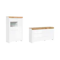 Conjunto Holten cómoda y vitrina roble wotan/blanco brillo