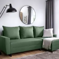 Sofá rinconera universal Malin convertible con arcón, tela trenzada verde