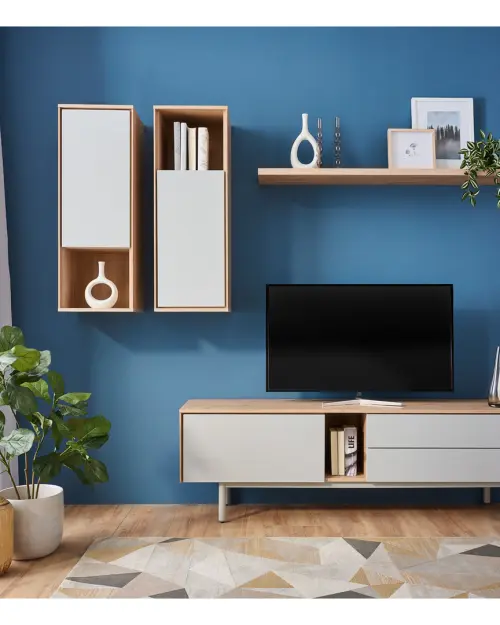 Mueble RTV Ema 180 cm con puertas y 2 cajones nogal jackson hickory/gris claro