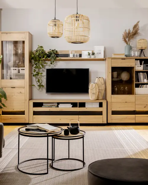 Vitrina Ostia 161 cm con 2 puertas 2 cajones y estantes roble artisan/roble negro