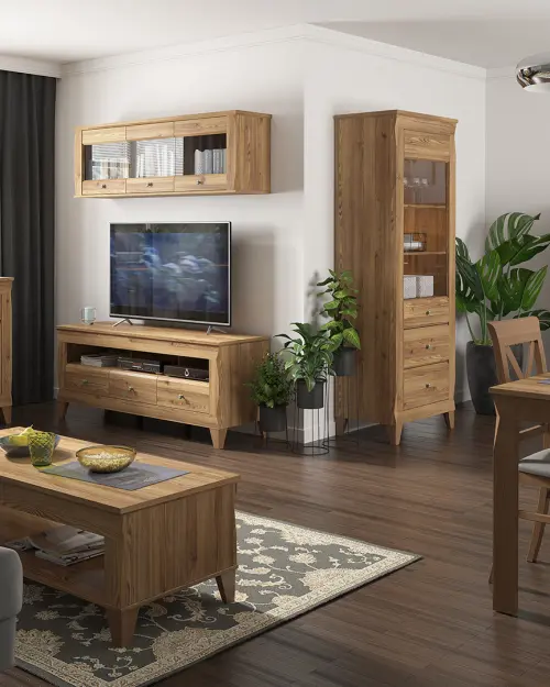 Vitrina Bergen 102 cm con 2 puertas y 2 cajones alerce sibiu dorado