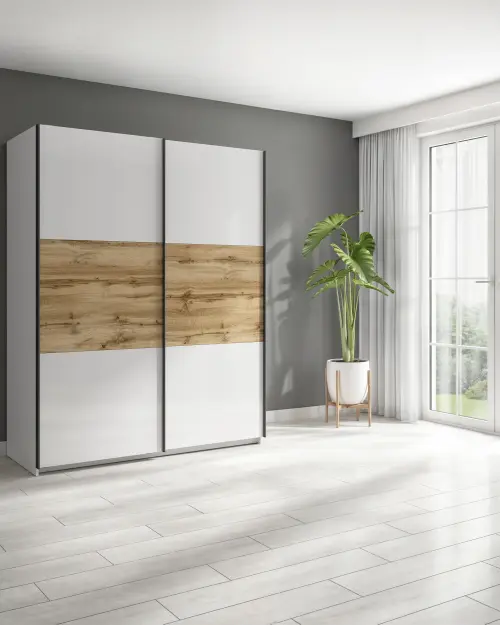 Armario de puertas correderas Tetrix 153 cm blanco brillo/roble wotan