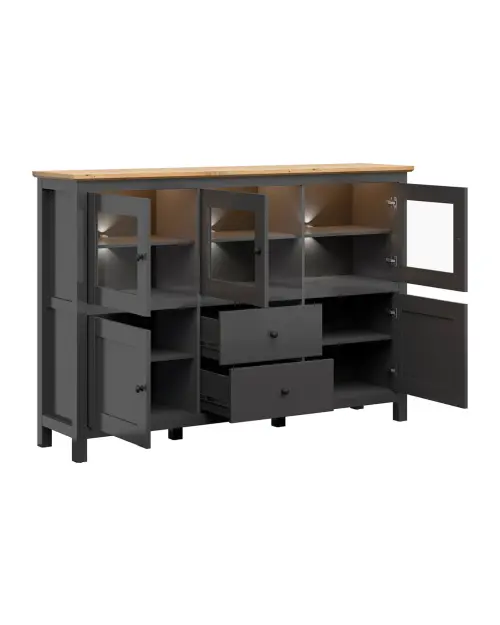 Aparador Hesen 186 cm vitrina con 5 puertas y 2 cajones grafito/roble artisan