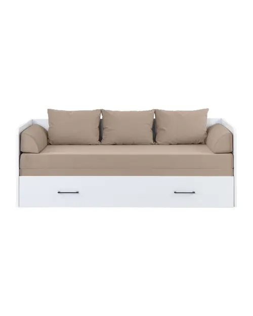 Cama extensible Tetrix blanco brillo 80-160x200 con contenedor colchón y cojines beige