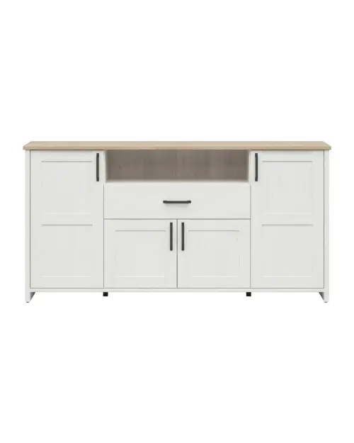 Cómoda Loksa 194 cm con 4 puertas, cajón y estante, pino andersen blanco/roble grandson