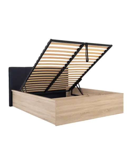 Cama Tetrix 140x200 con somier, contenedor y cabecero tapizado roble sonoma