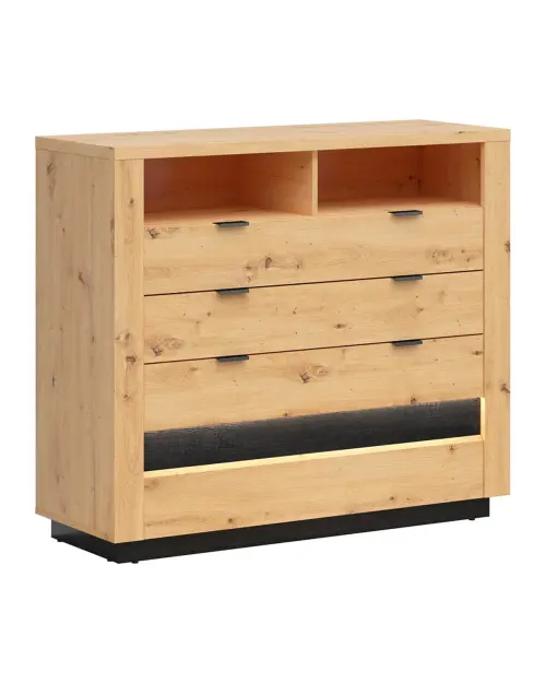 Cómoda Ostia 117 cm con 4 cajones y 2 estantes roble artisan/roble negro