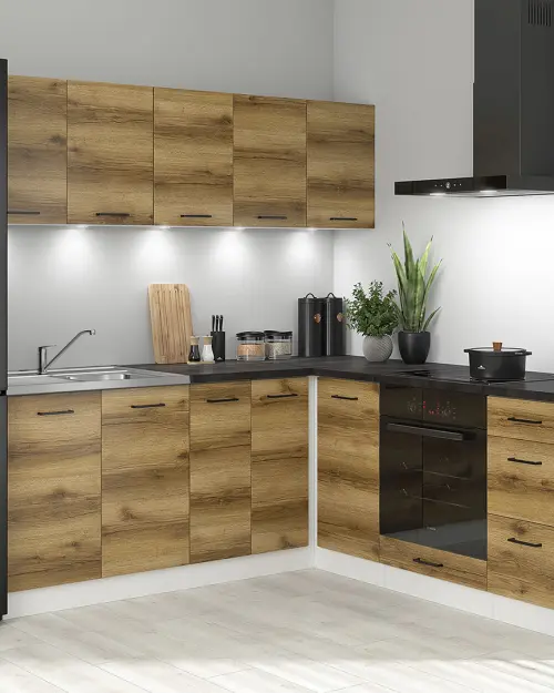 Conjunto de cocina de esquina Junona Line 200x200 roble delano claro con encimera