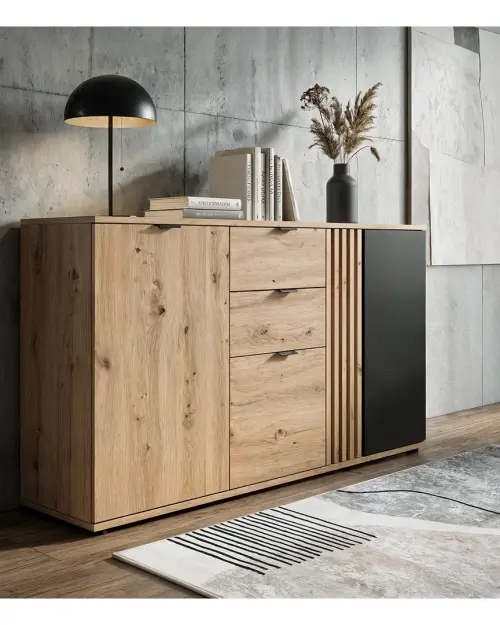 Cómoda Vabres 150 cm con 3 puertas y 2 cajones roble artisan listones