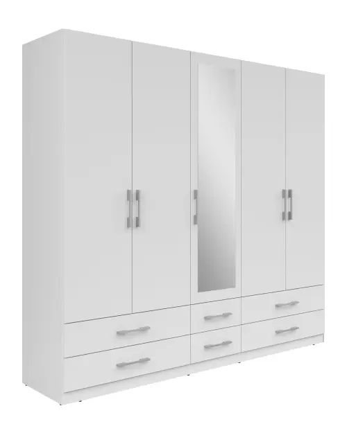 Armario de cinco puertas Herford 226 cm con espejo y 6 cajones blanco