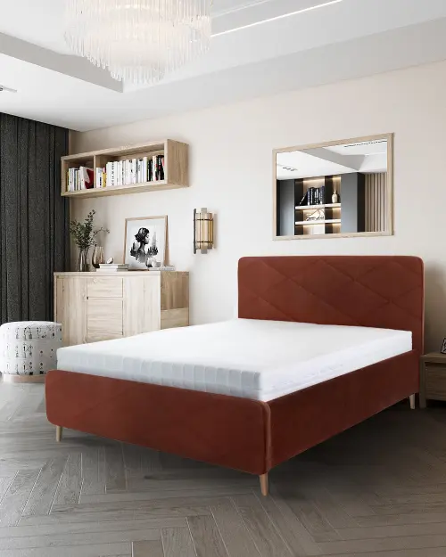 Cama tapizada Bondo 160x200 con contenedor y somier naranja