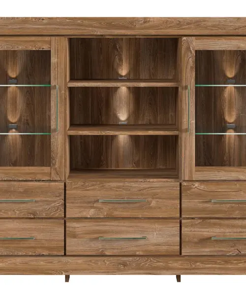 Cómoda Gent 166 cm vitrina con 2 puertas 6 cajones y 3 estantes roble stirling