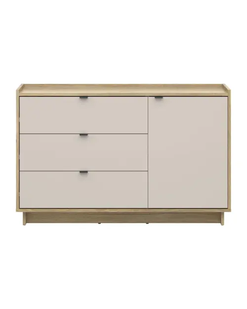 Cómoda Dalva 134 cm con puertas y 3 cajones roble mauvella/cachemira