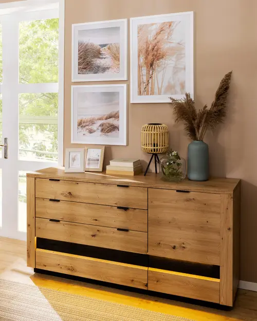 Cómoda Ostia 161 cm con puertas y 4 cajones roble artisan/roble negro