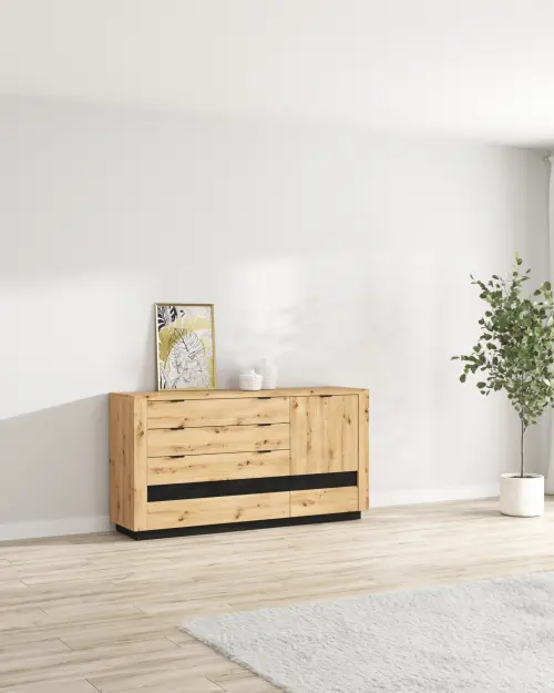 Cómoda Ostia 161 cm con puertas y 4 cajones roble artisan/roble negro