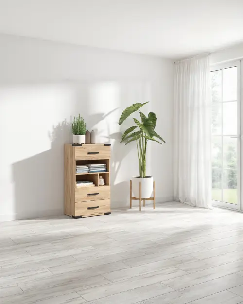 Cómoda Lara 60 cm con 3 cajones y estantes fresno belarus