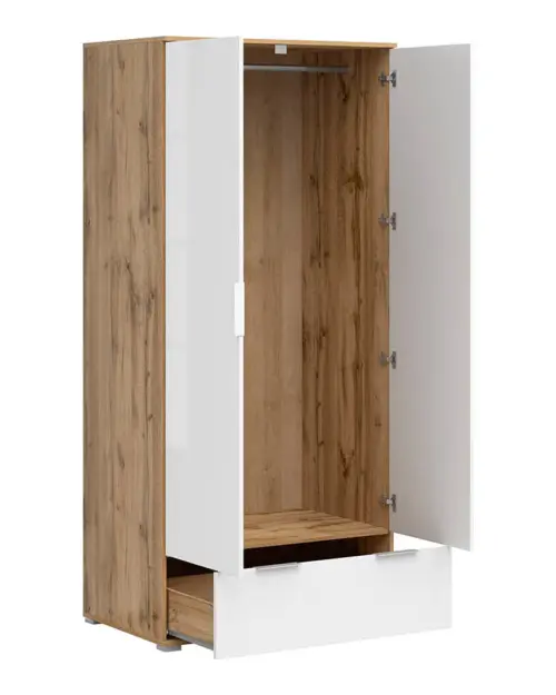Armario de dos puertas Zele 90 cm con cajón roble wotan/blanco brillo