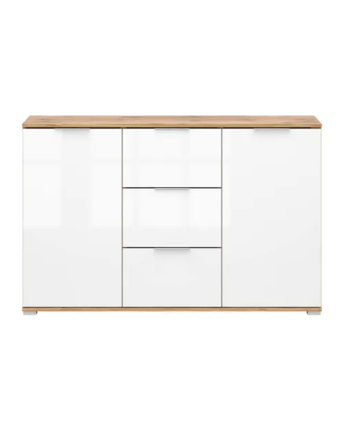 Cómoda Zele 135 cm con 2 puertas y 3 cajones roble wotan/blanco brillo