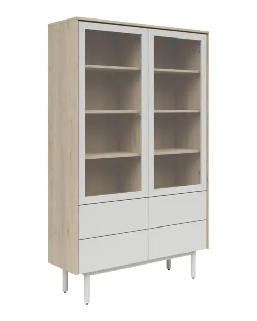 Vitrina Ema 105 cm con 2 puertas y 4 cajones nogal jackson hickory/gris claro