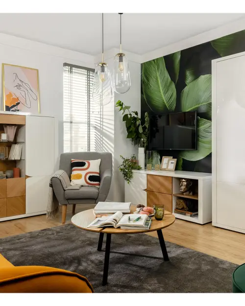 Estante de pared Rovika 153 cm blanco brillo/roble natural