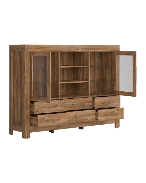 Cómoda Gent 166 cm vitrina con 2 puertas 6 cajones y 3 estantes roble stirling
