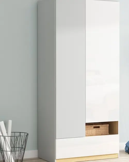 Armario de dos puertas Nandu 90 cm con cajón gris claro/roble polaco/blanco brillo