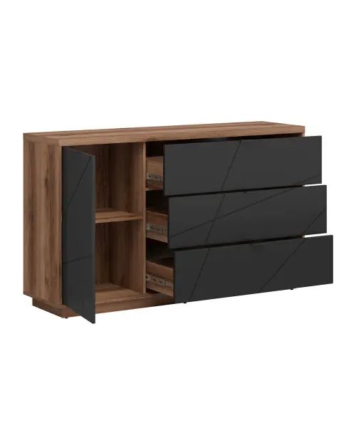 Cómoda Forn 156 cm con puertas y 3 cajones roble delano oscuro/negro mate