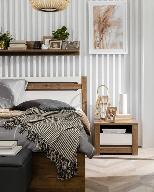 Mesita de noche Ruso 54 cm con cajón roble april/brillo perlado