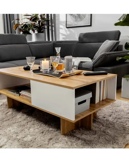 Mesa de centro Zele 120x60 con estante roble wotan/blanco brillo