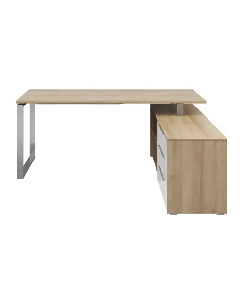 Escritorio de esquina Nevada 158x184x76  cm con 3 cajones y estante roble riviera