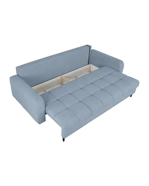Sofá cama de tres plazas Sorella convertible con arcón, chenilla azul claro