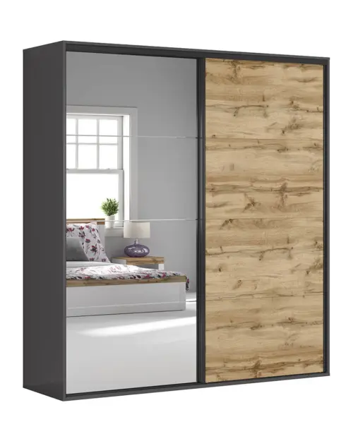 Armario de puertas correderas Flex 220 cm con espejo grafito/roble wotan