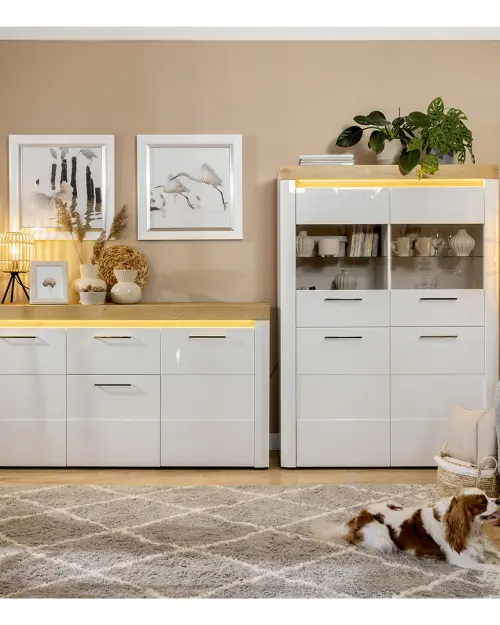 Cómoda Horton 170 cm con 3 puertas y un cajón roble dorado grandson/blanco brillo